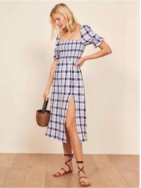 Reformation Marbella Plaid Linen Smocked‎ Puff Sleeve Midi Dress Blue